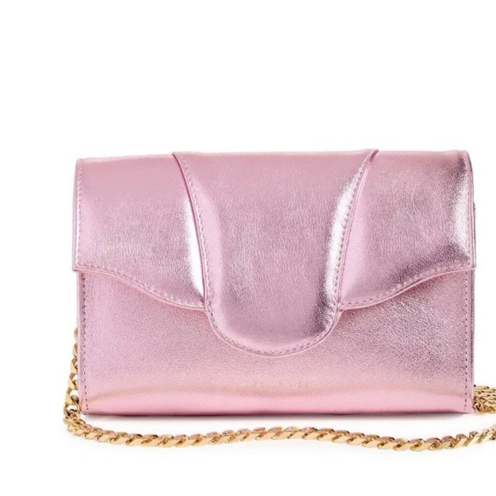 Liselle Kiss Pink Metallic Leather Crossbody Clutch Evening Bag Purse